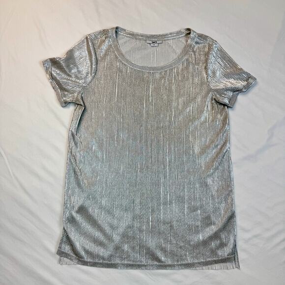 Bar III Metallic Ribbed Textured Top Silver Women’s Medium Scoop Neck Shimmer - Picture 5 of 16
